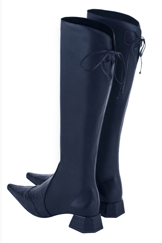 Navy blue women's knee-high boots, with laces at the back. Pointed toe. Low flare heels. Made to measure. Rear view - Florence KOOIJMAN